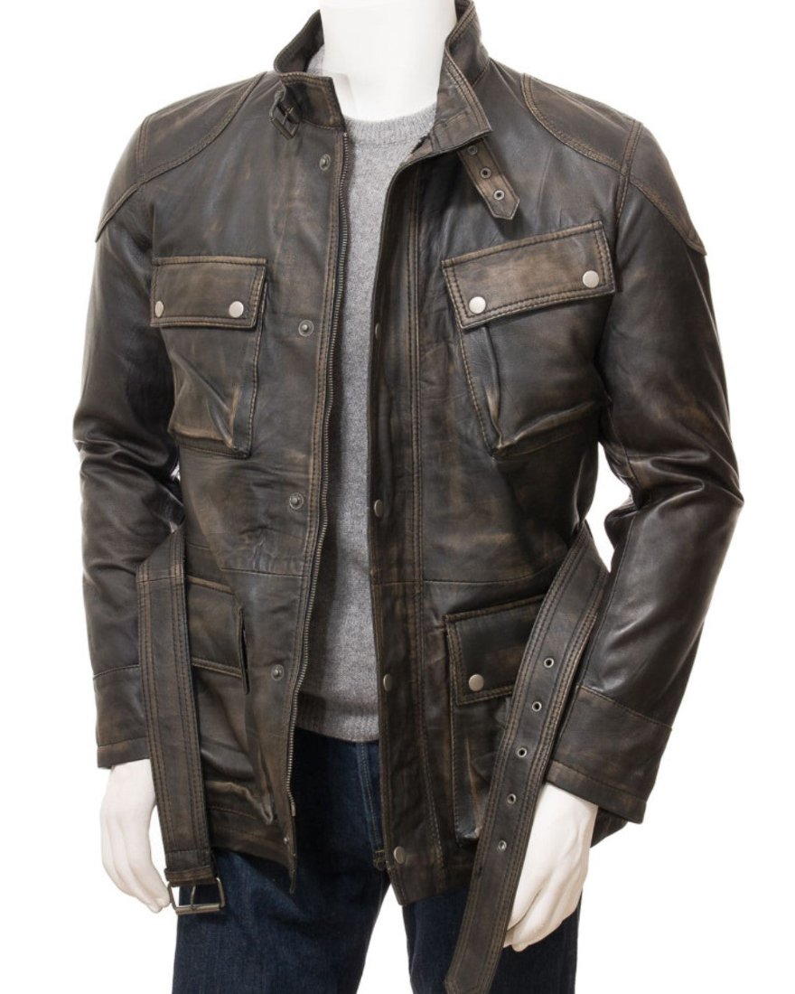 Picture of our Brown Leather Jacket Distressed front view with zipper open