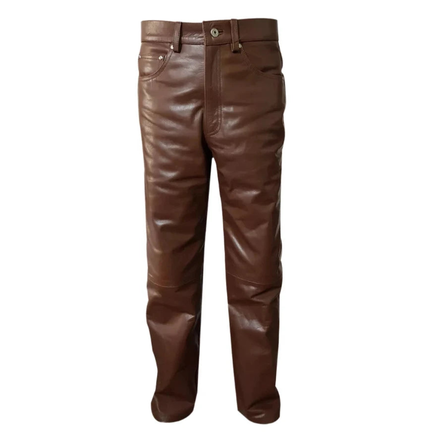 Picture of our Brown Leather Jeans on a mannequin, front view.