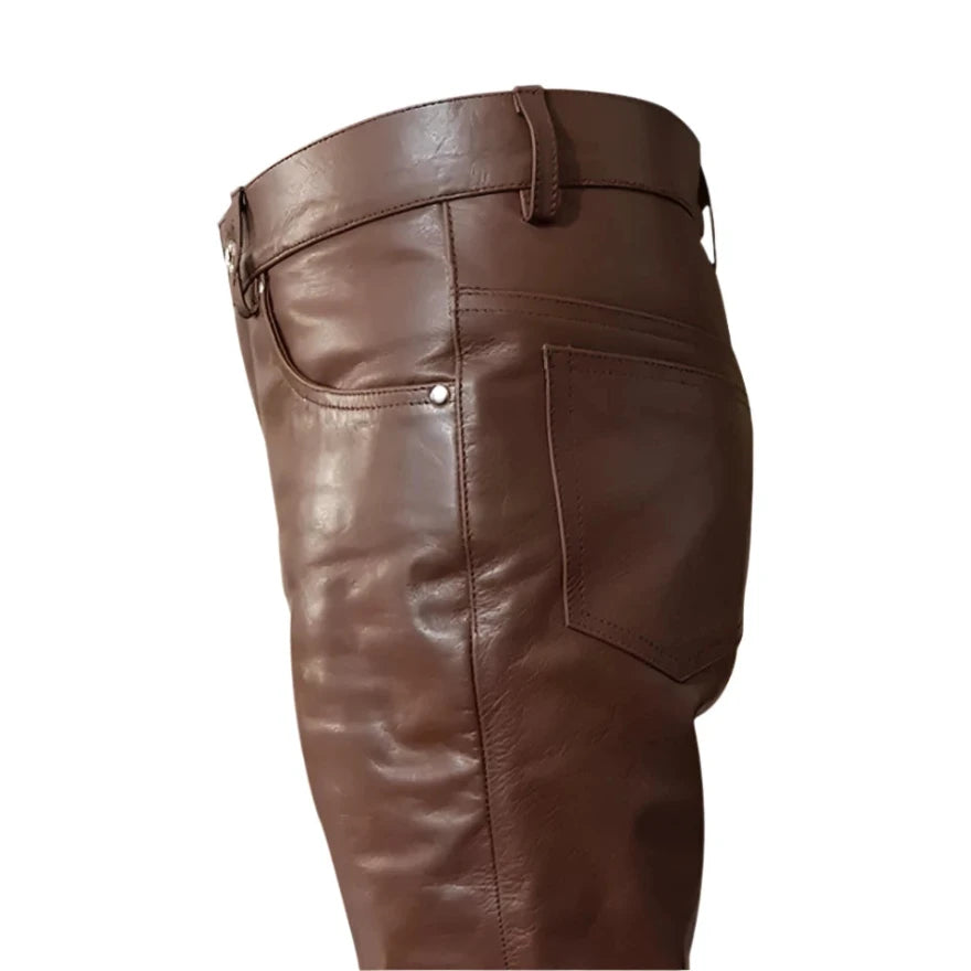 Picture of our Brown Leather Jeans on a mannequin, close up view of the side.