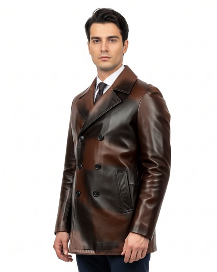Man wearing our brown leather peacoat  on a white background