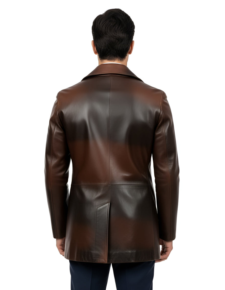 Man wearing our brown leather peacoat  on a white background, back view.