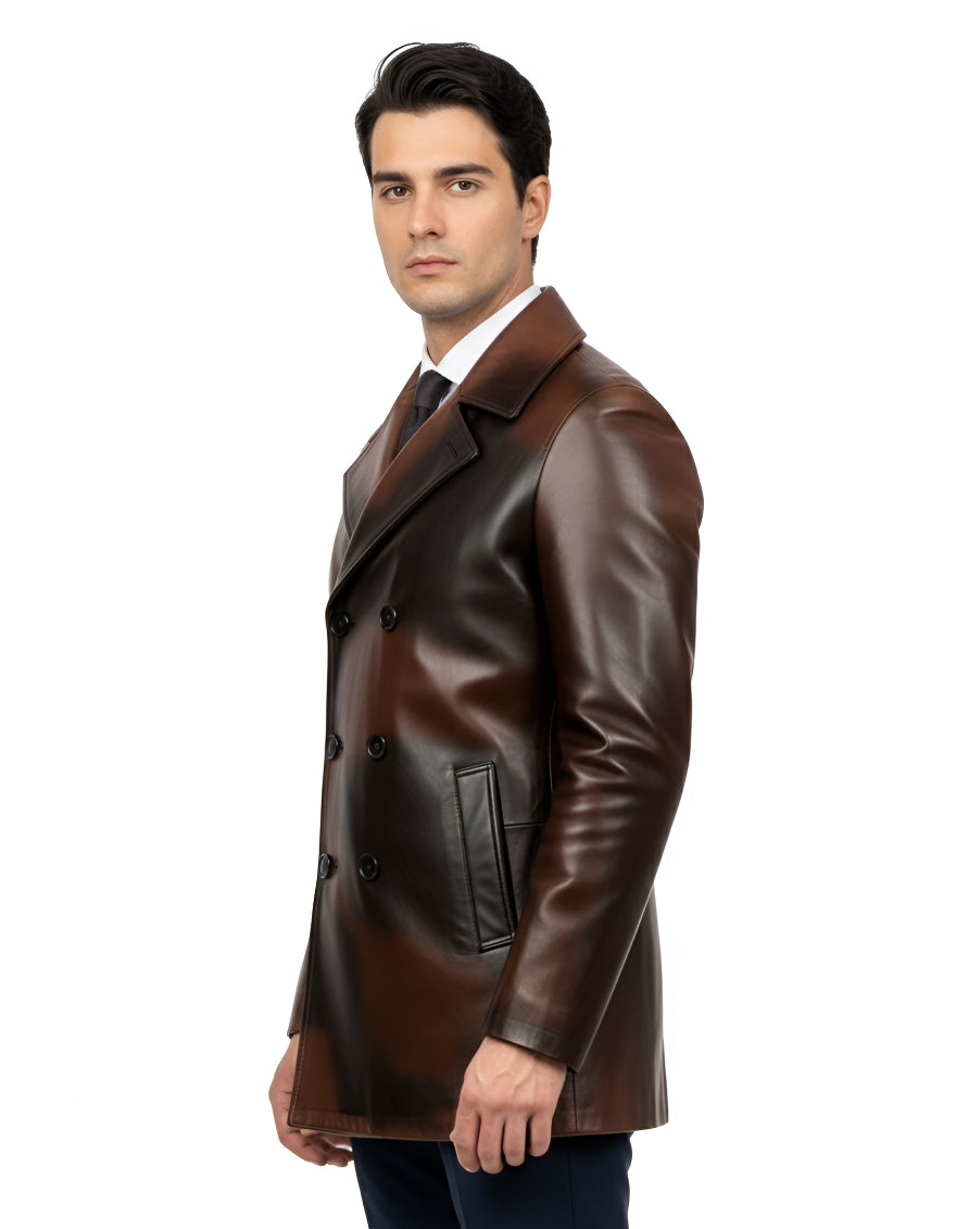 Man wearing our brown leather peacoat  on a white background, side view.