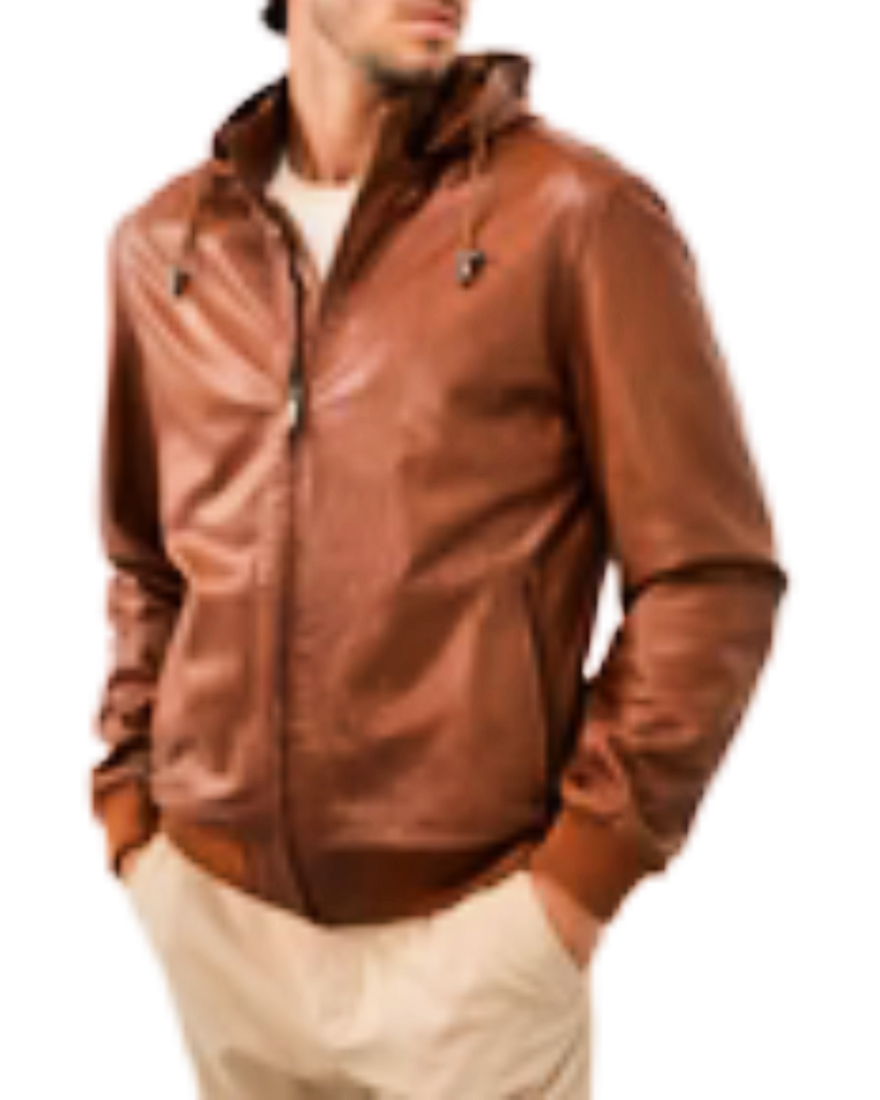 Picture of a model wearing our Brown Leather Shirt Jacket, front view.