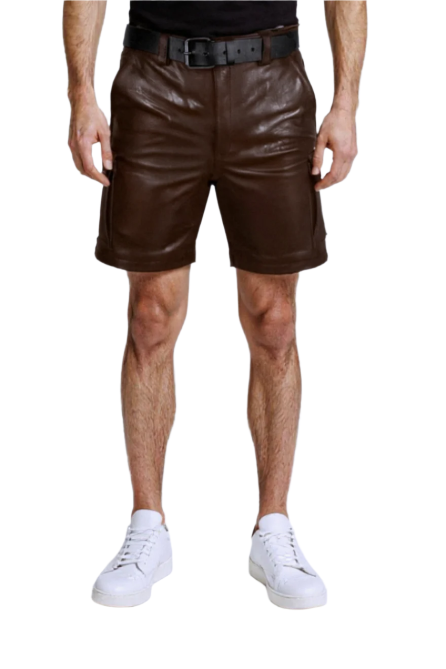 Picture of a model wearing our Brown Leather Shorts Men, waist down view.