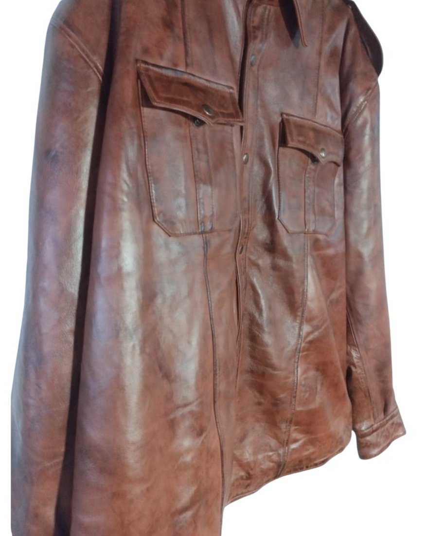 Picture of our leather uniform shirt in brown, side view