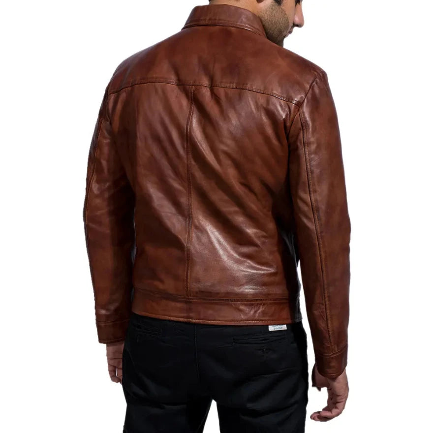 Picture of our Brown Trucker Leather Jacket on a model, back view