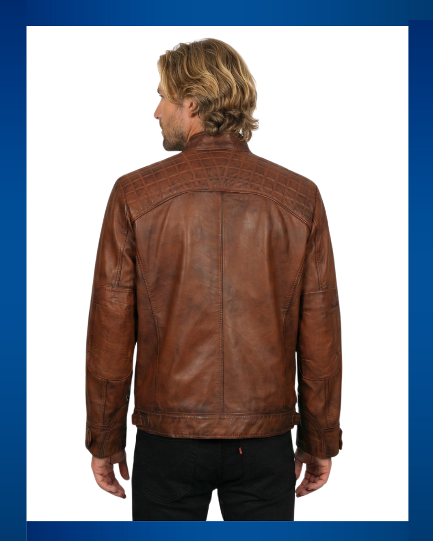 Man wearing oun brown cafe racer leather jacket on a white background , back view.