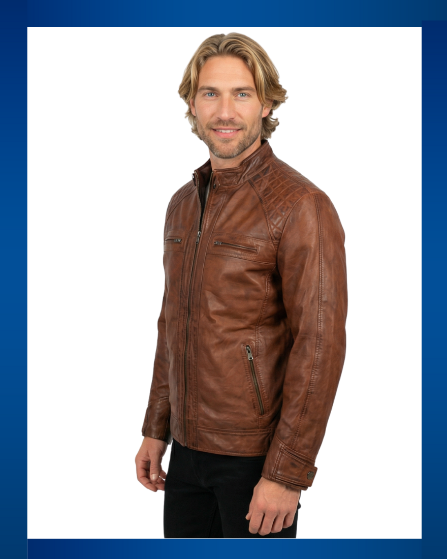 Man wearing oun brown cafe racer leather jacket on a white background , side view.