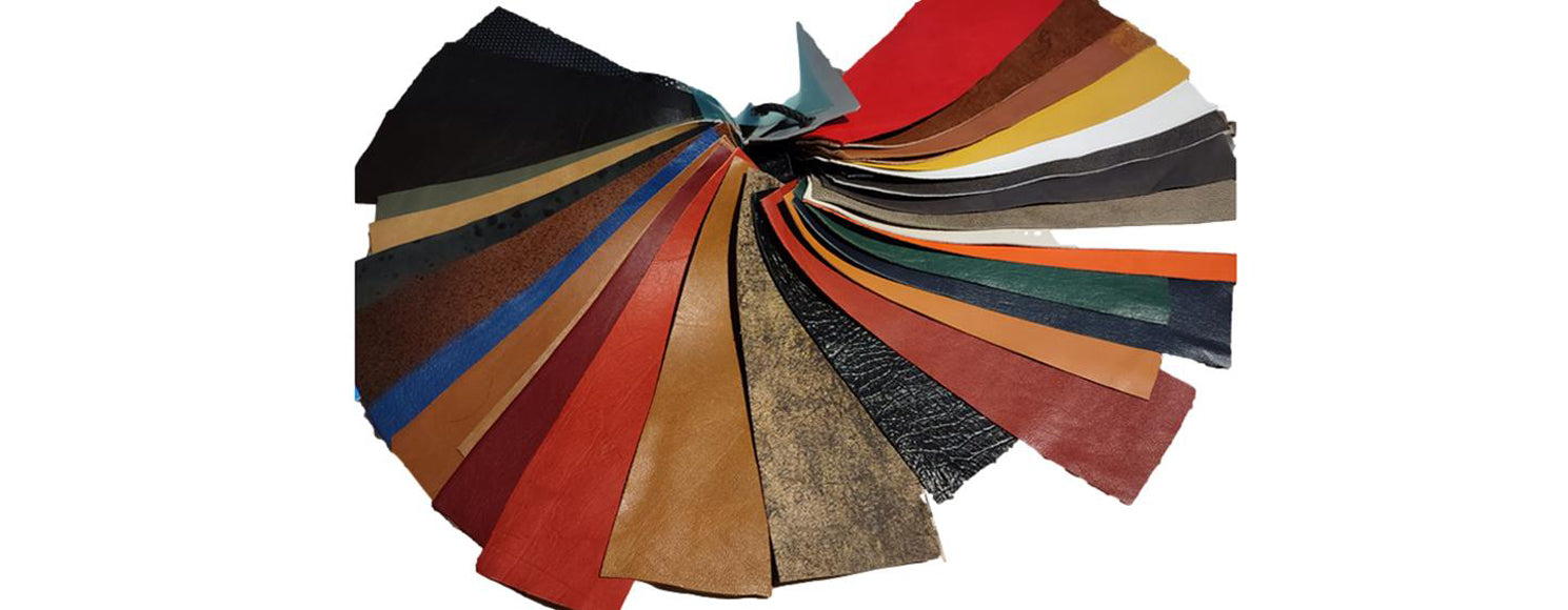 Picture of assorted colored mens leather jacket samples presented in a fan imagee. 