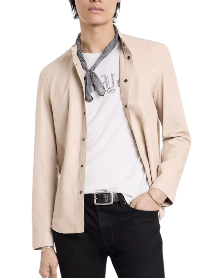 Picture of a model wearing our Cream Leather Shirt, front view