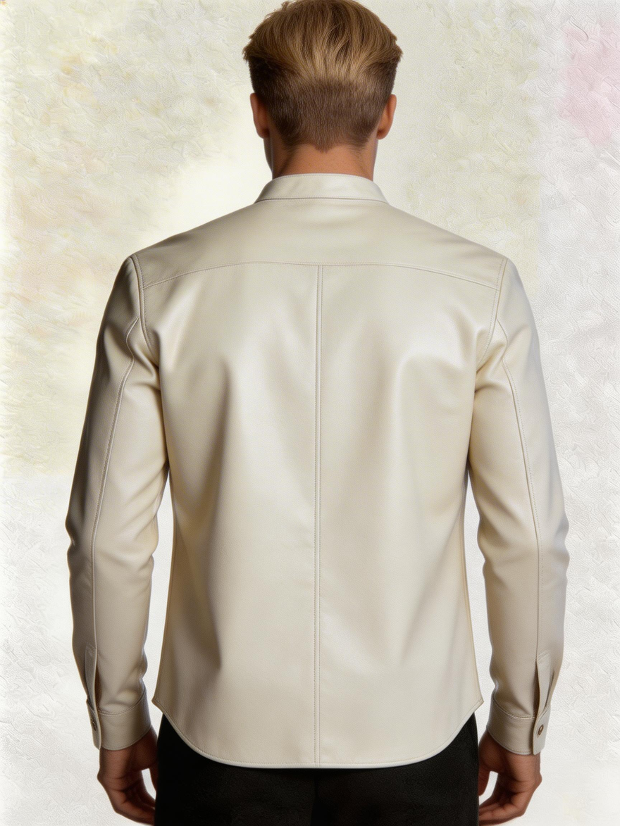 Man wearing our Cream Long Sleeve Leather Shirt against a textured light background, back view.