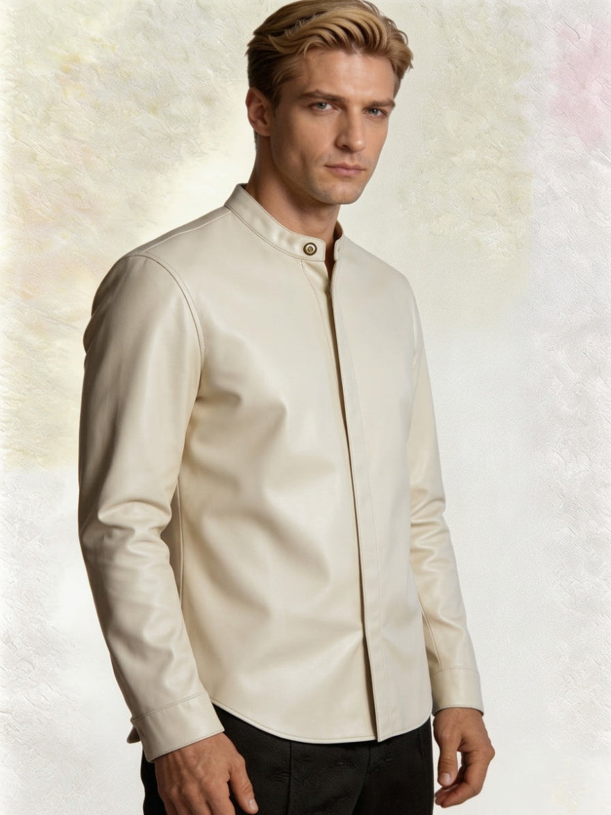 Man wearing our Cream Long Sleeve Leather Shirt against a textured light background, front view