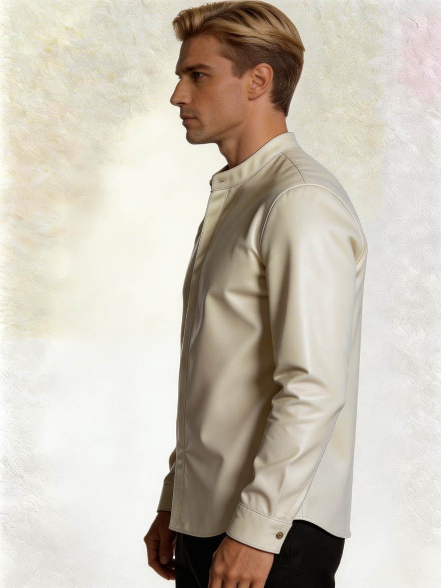 Man wearing our Cream Long Sleeve Leather Shirt against a textured light background, side view.