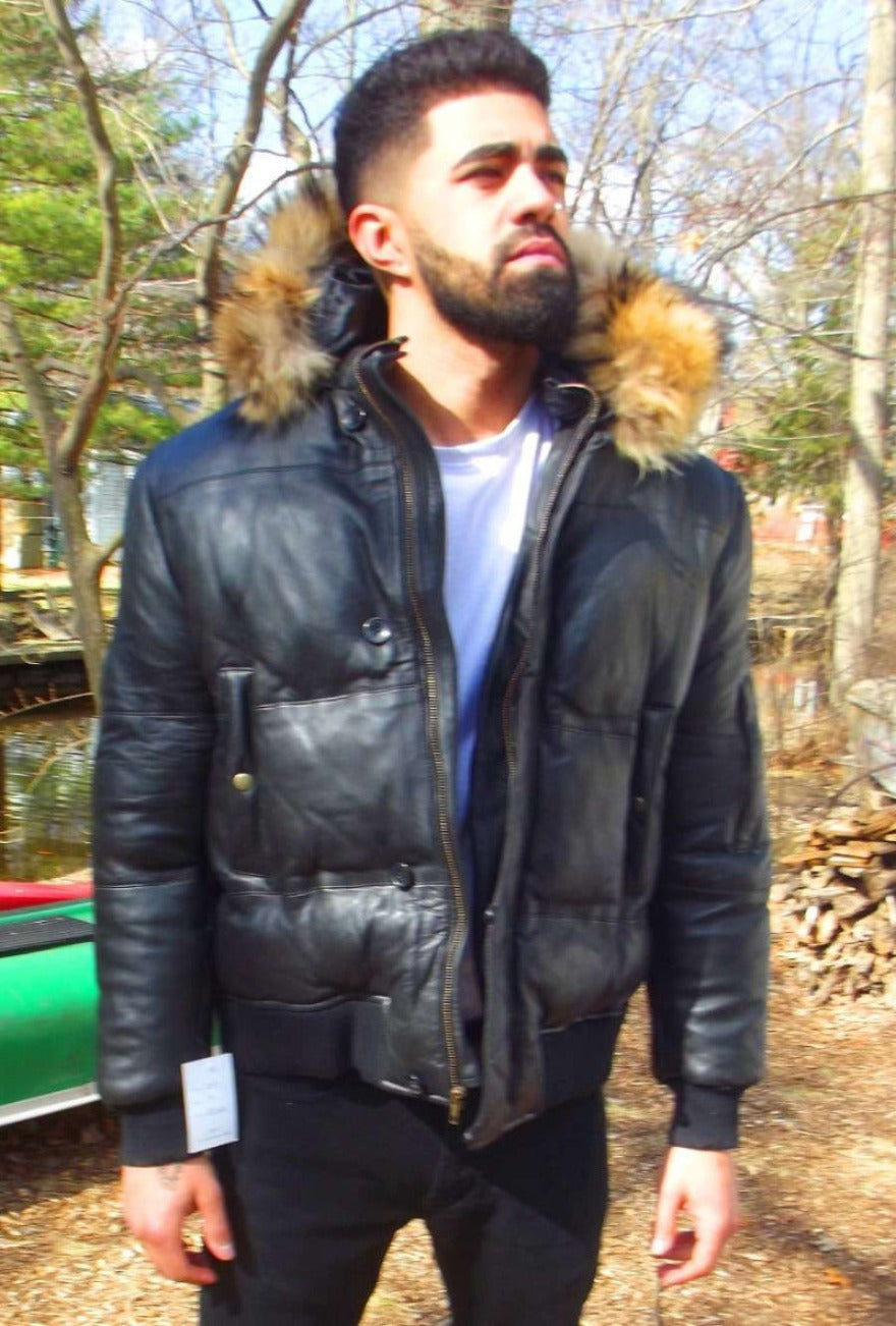 Picture of a model wearing our Black Leather Puffer Jacket Mens, Front view with zipper open