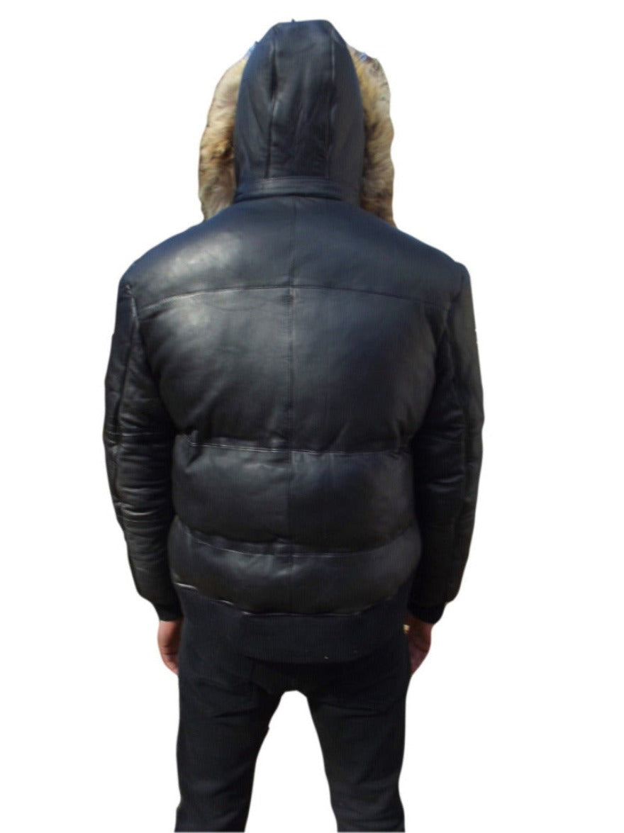 Picture of a model wearing our Black Leather Puffer Jacket Mens, Back view.