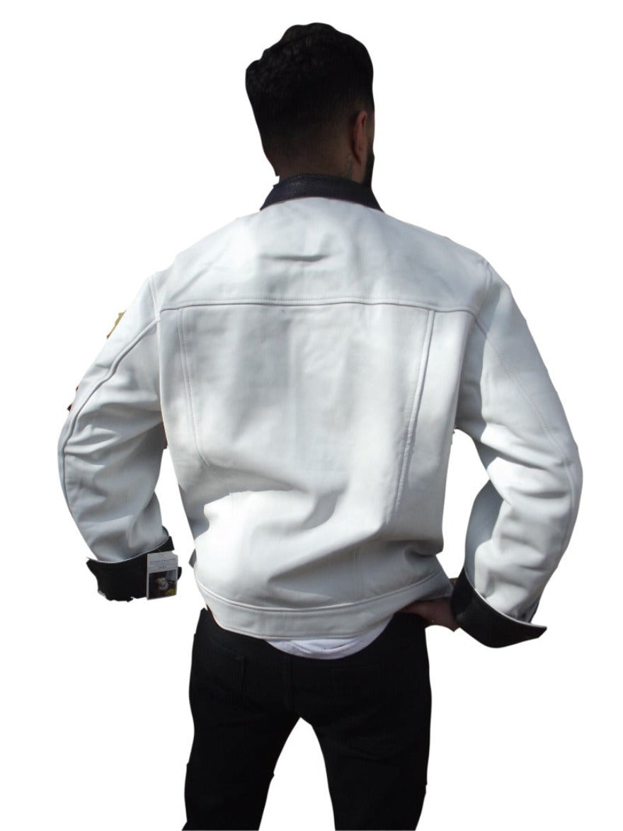 Picture of a model wearing our Mandarin Collar Leather Jacket in white with black embossed snakeskin pattern on cuff &amp; collar, back view.