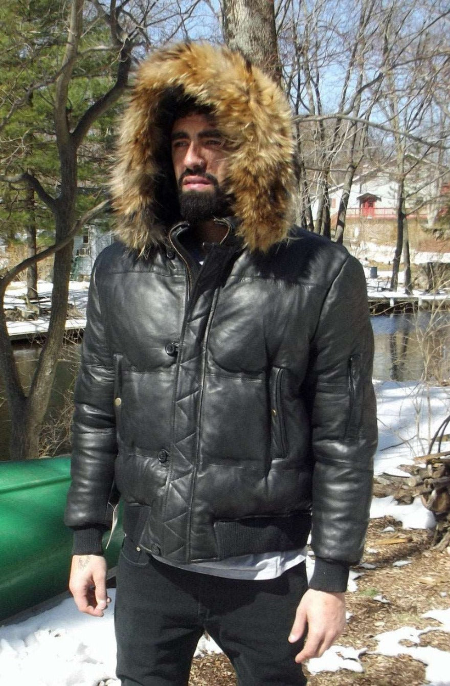 Picture of a model wearing our Black Leather Puffer Jacket Mens, Front view.