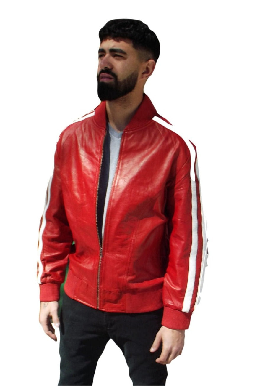 Picture of a model wearing our red leather jacket, side view.