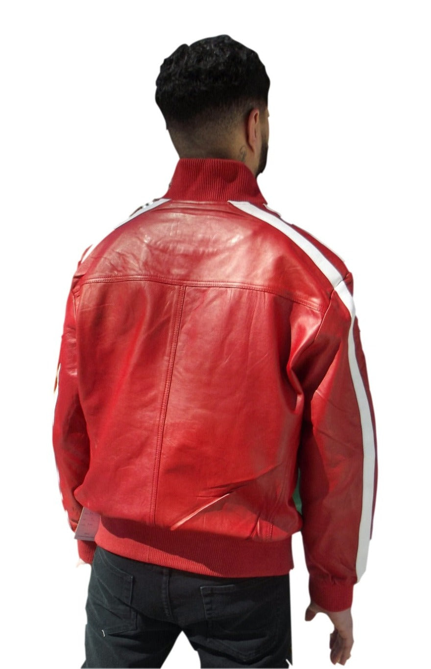 Picture of a model wearing our red leather jacket, fback view.