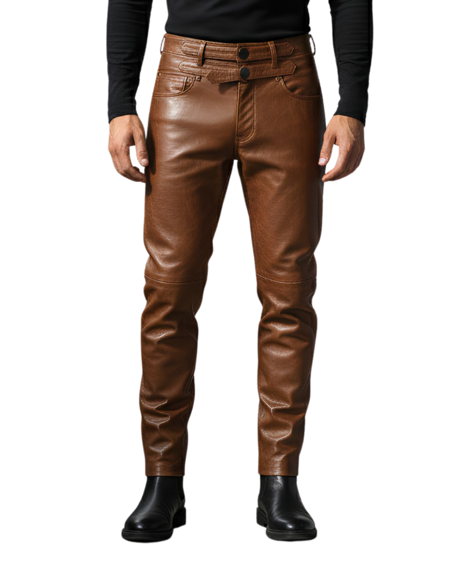Dark Brown Leather Pants worn by a person on a white background, front view.