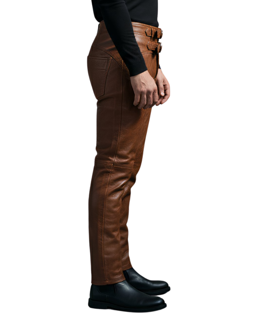 Dark Brown Leather Pants worn by a person on a white background, side view.