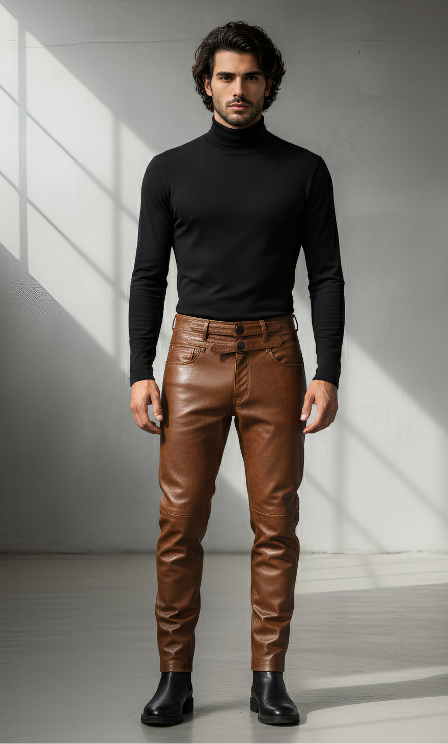 Man wearing a black turtleneck and brown leather pants standing in a well-lit room.