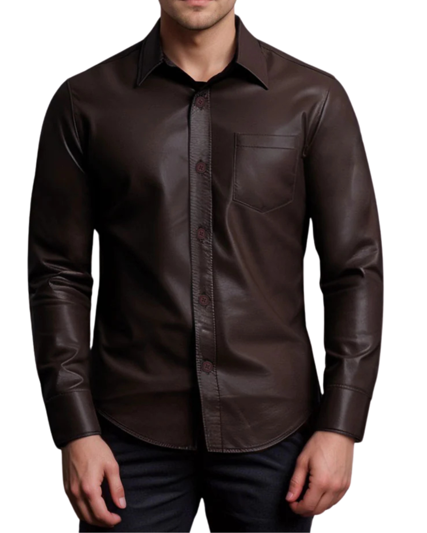 Stock picture of a model wearing our dark brown leather shirt, front view. image is for color, collar type and placard type
