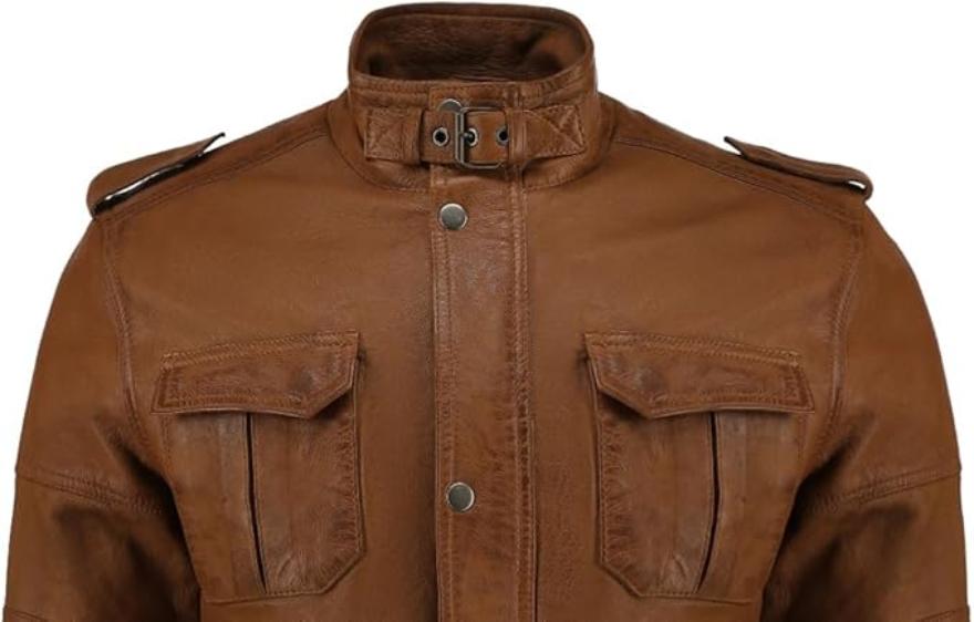 Picture of our Dark tan Leather Jacket on a mannequin, close up view of the collar and shoulder epaulets. 