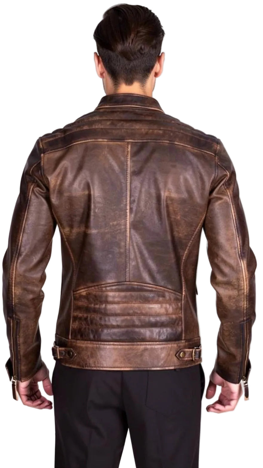 Distressed Brown Cafe Racer Jacket worn by a person on a white background, back view.