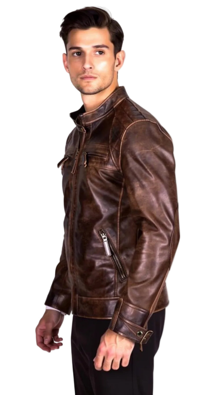 Rubbed Brown Cafe Racer Leather Jacket worn by a person on a white background, side view.