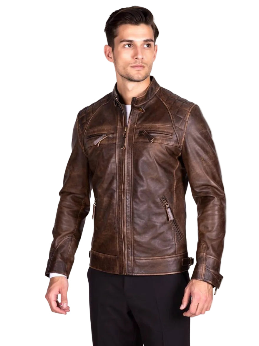Rubbed Brown Cafe Racer Leather Jacket worn by a person on a white background, front view