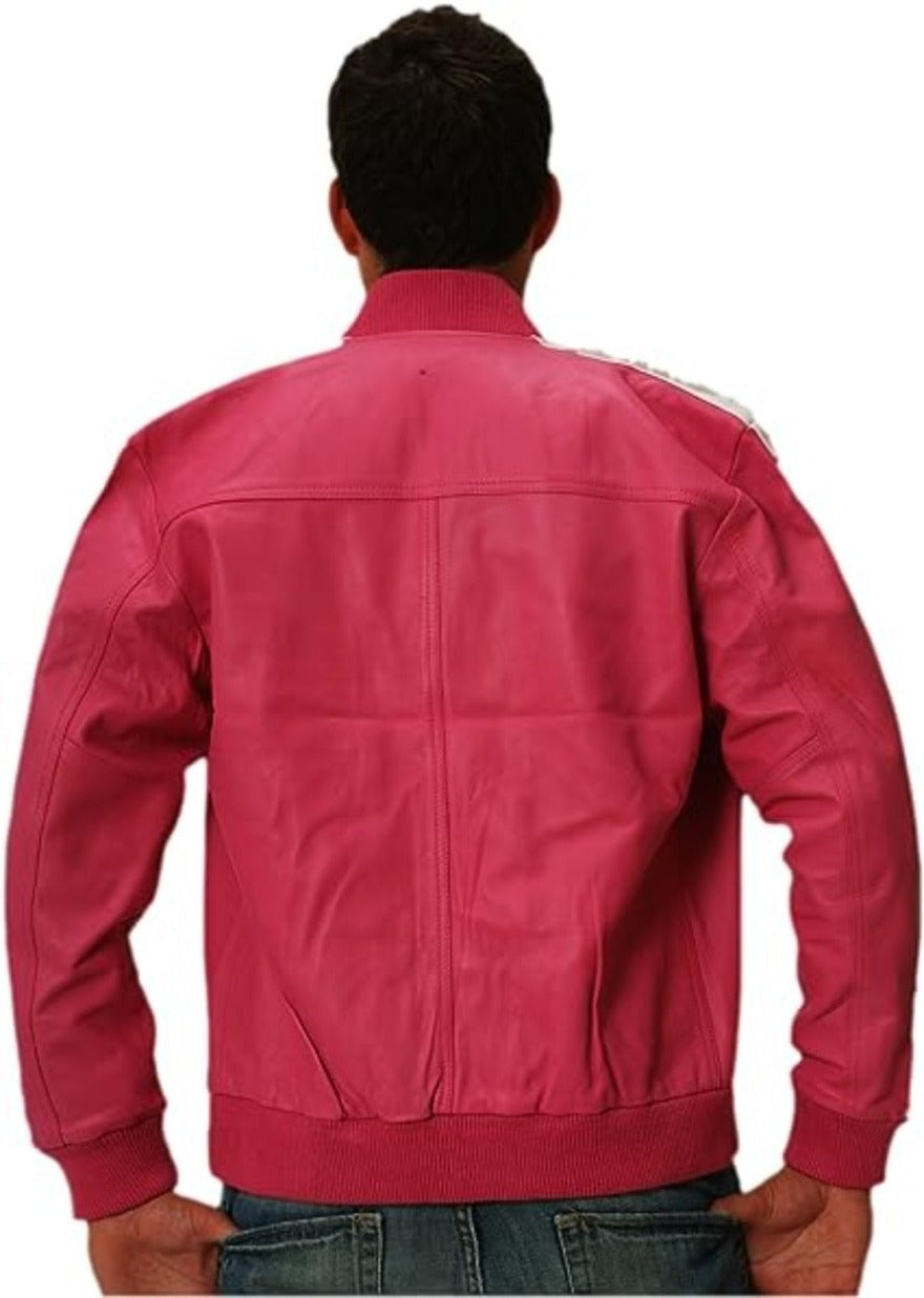 Picture of a male model wearing our Mens Pink Leather Jacket, back view.
