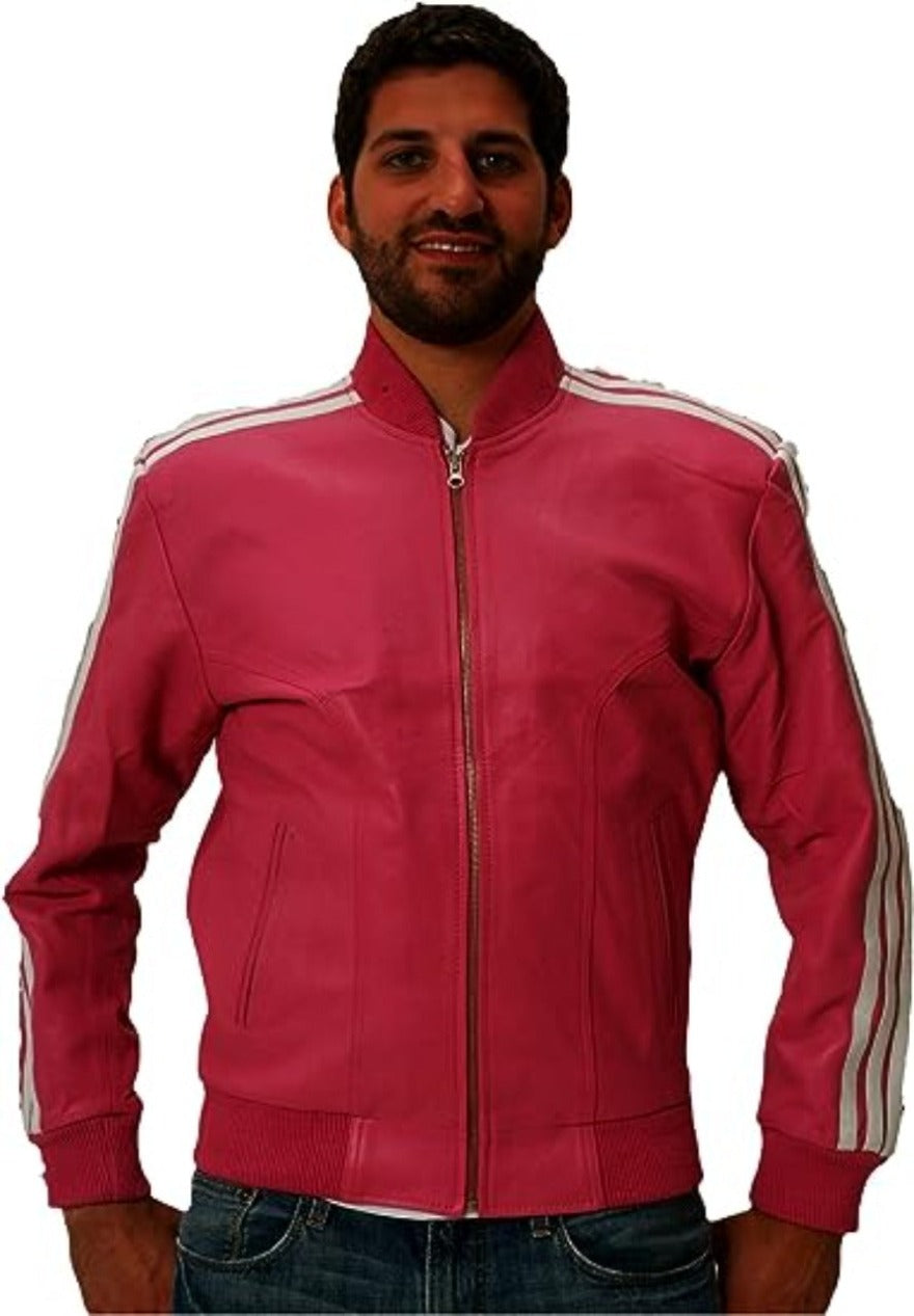 Picture of a male model wearing our Mens Pink Leather Jacket, front view.