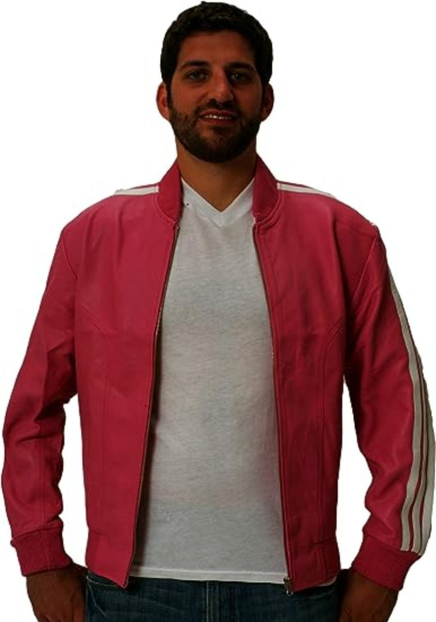 Picture of a male model wearing our Mens Pink Leather Jacket, front view, with zipper open.
