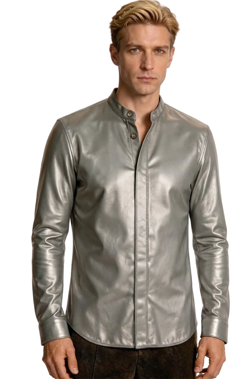 Our Gray Long Sleeve Leather Shirt worn by a person on a white , background, front view