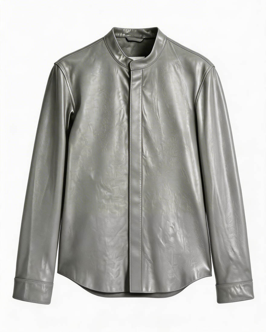 Gray Long Sleeve Leather Shirt on a white background, front view.