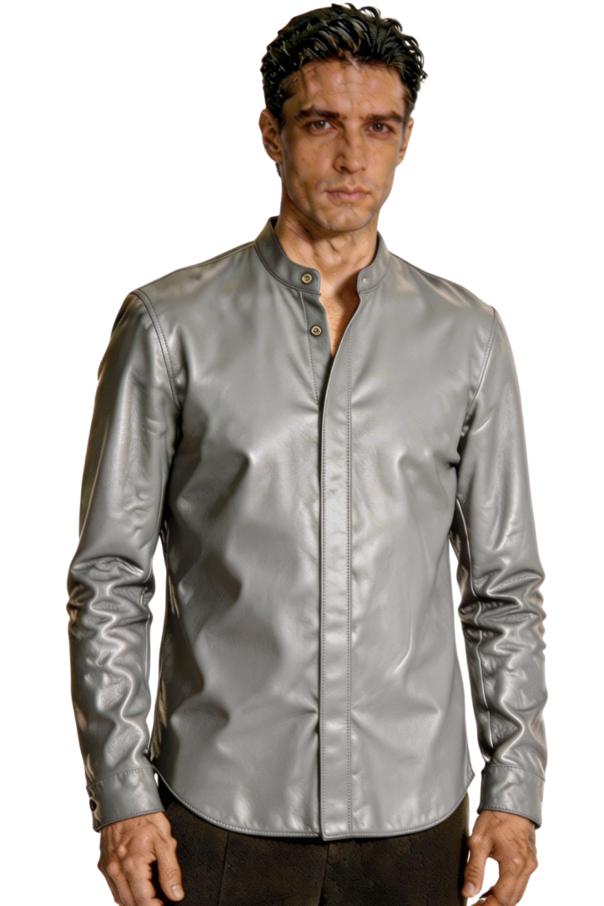 Our Gray Long Sleeve Leather Shirt worn by a person on a white , background, front view