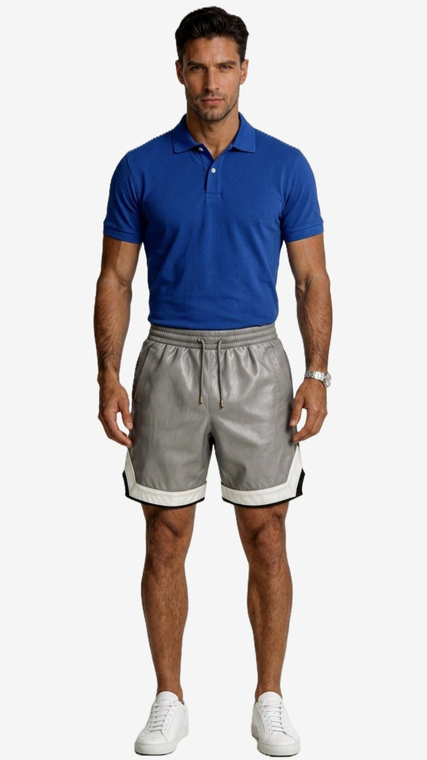 Man wearing a blue polo shirt and gray leather shorts on a white background, front view.