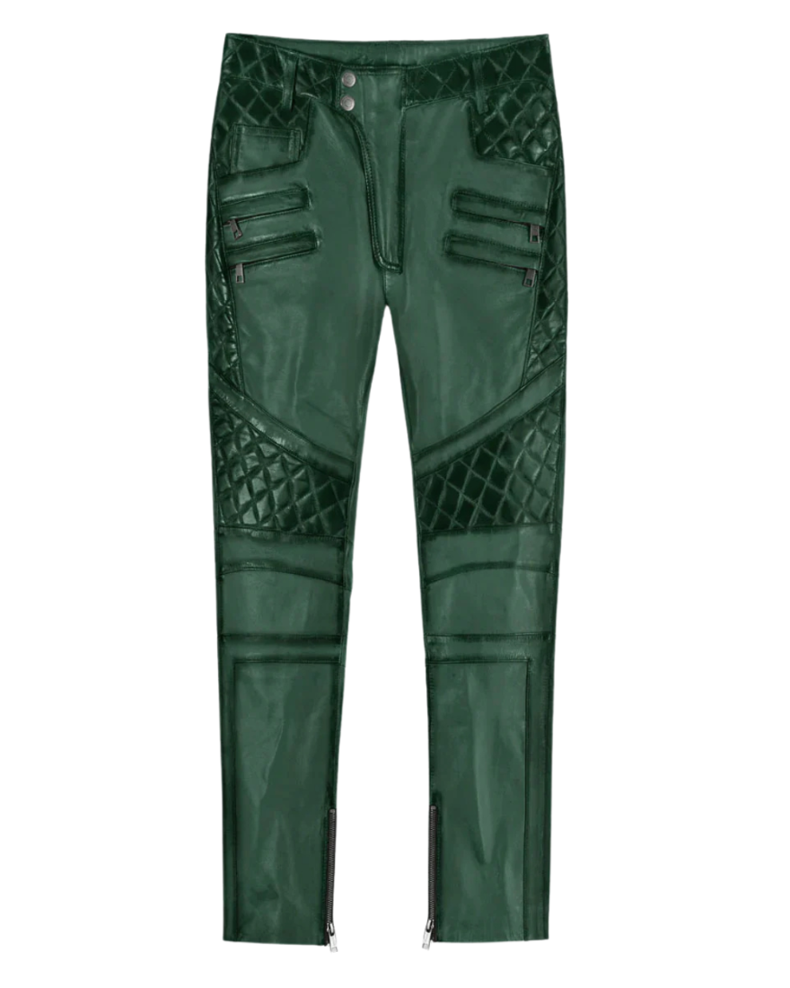 Picture of our Green Leather Pants For Men, front view.