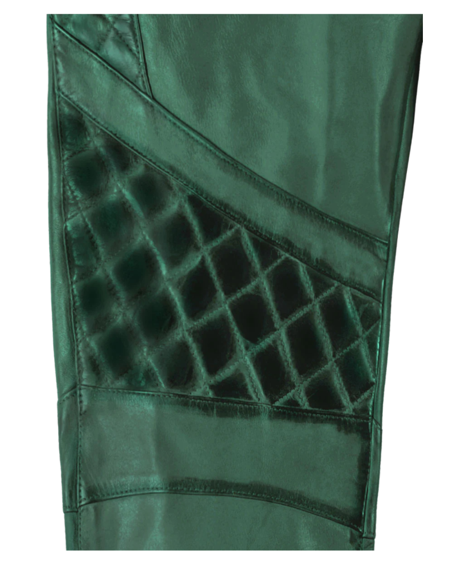 Picture of our Green Leather Pants For Men, close up view of the quilting at the knee.