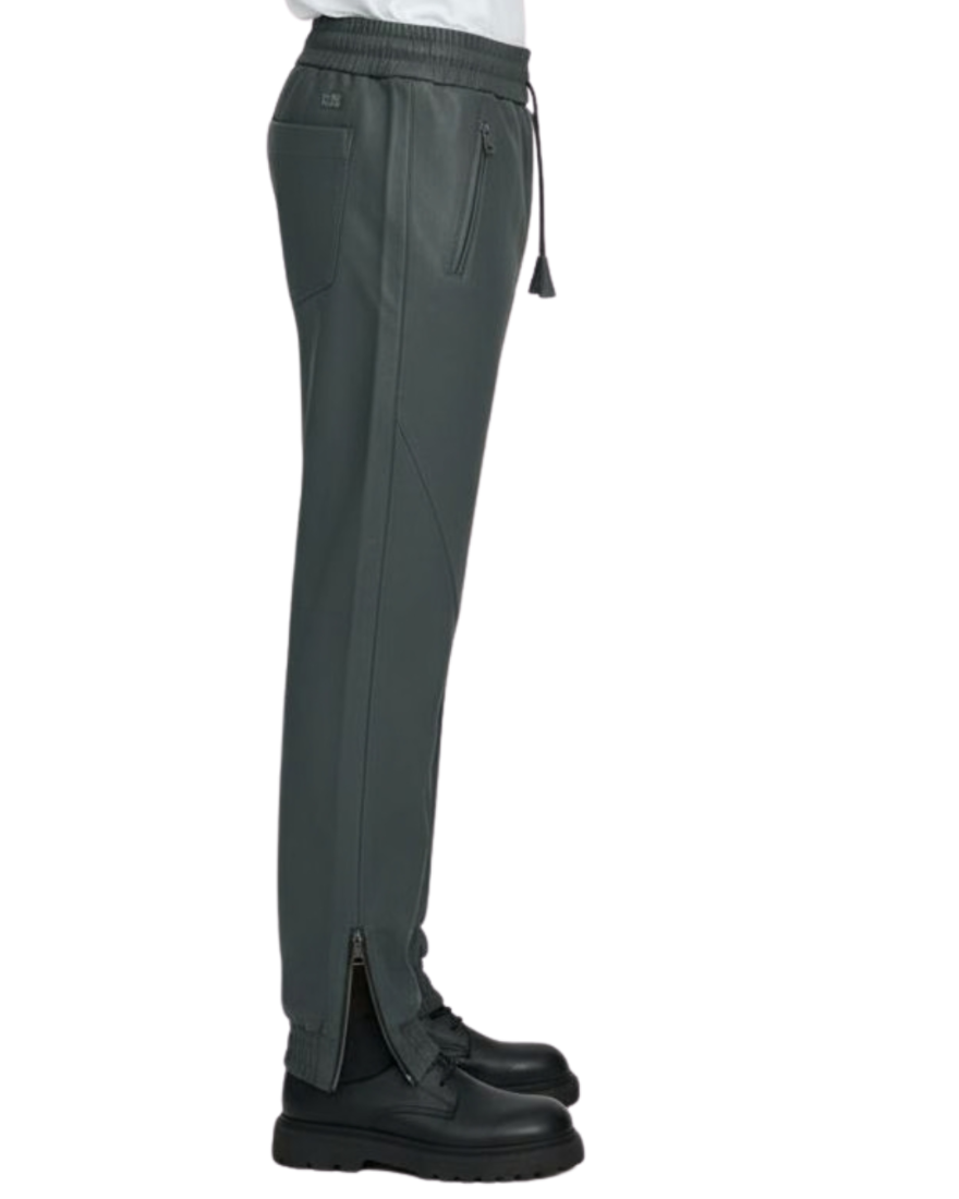 Grey leather joggers, side view, with a white background