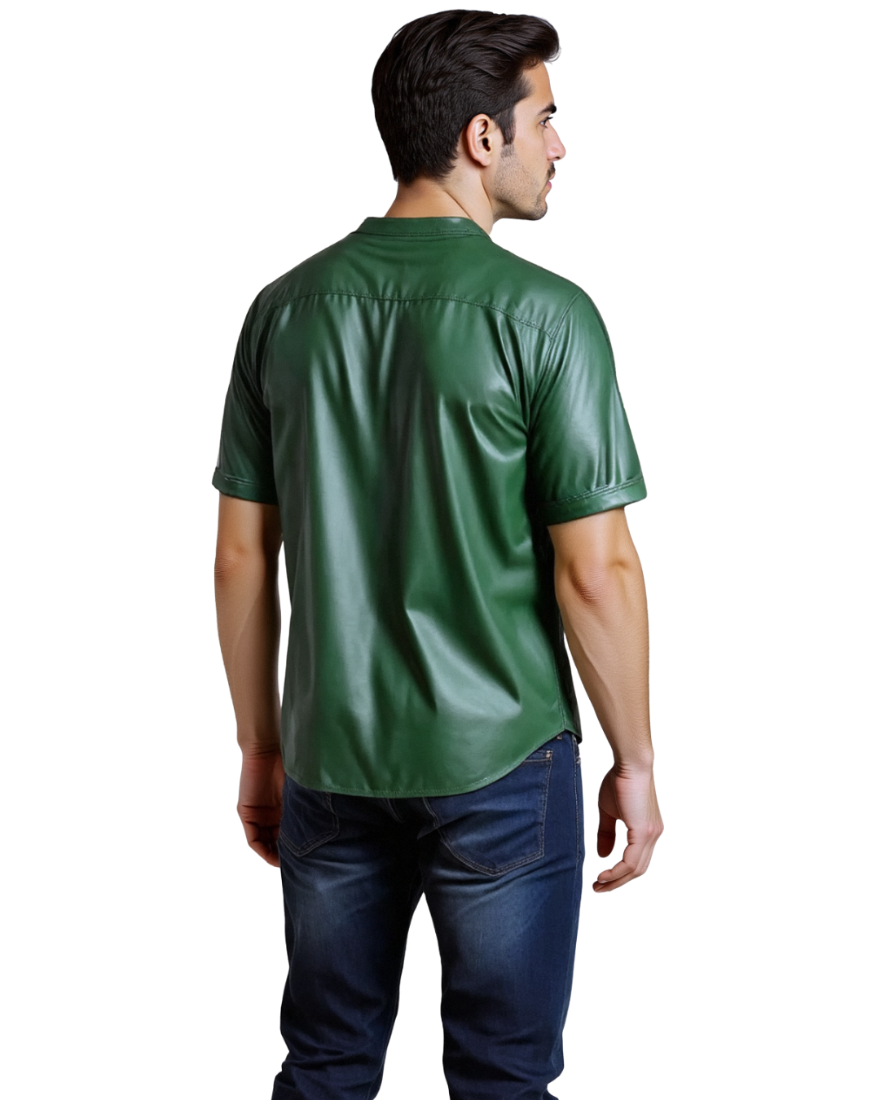 Picture a  a model wearing our dark green leather shirt, back view.