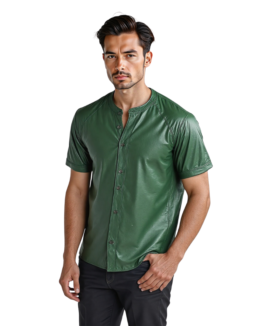 Picture a  a model wearing our dark green Henley leather shirt, front view.
