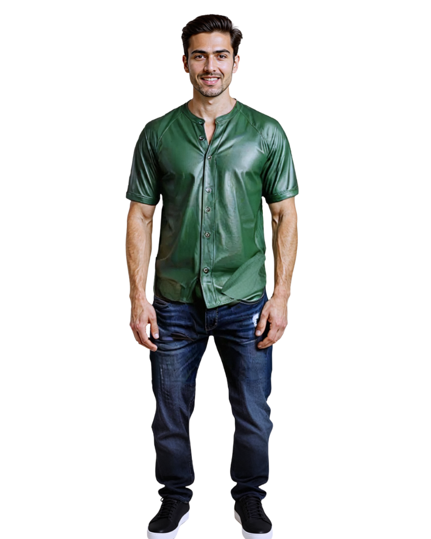 Man wearing a green button-up leather shirt and dark jeans on a white background, front view.