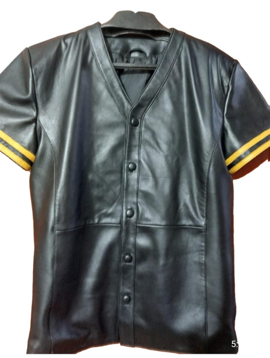 Picture of our Black Leather Baseball Jersey with 2 gold stripes on the each sleeve front view.