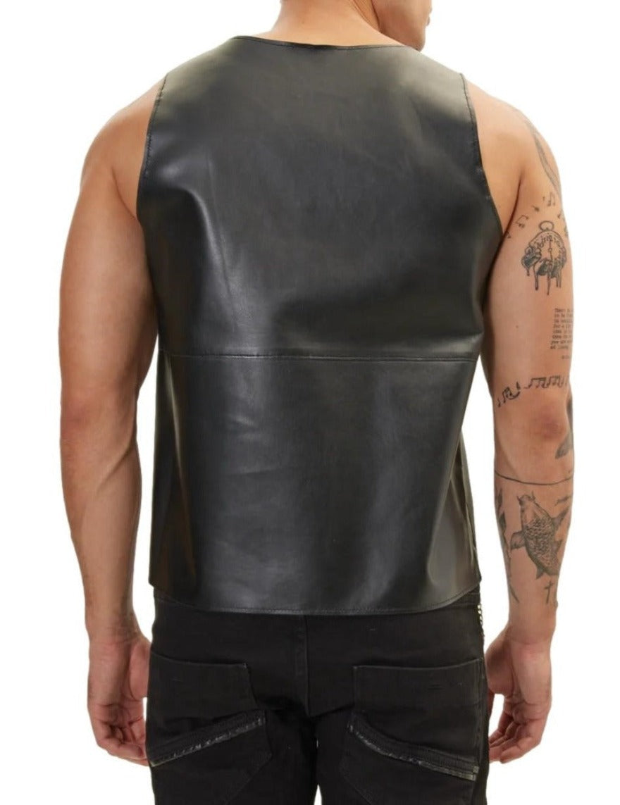 Picture of a model wearing our  Mens Black Leather Tank Top, back view.