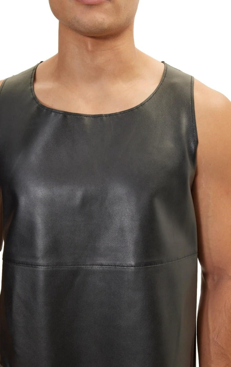 Picture of a model wearing our  Mens Black Leather Tank Top, close up view.