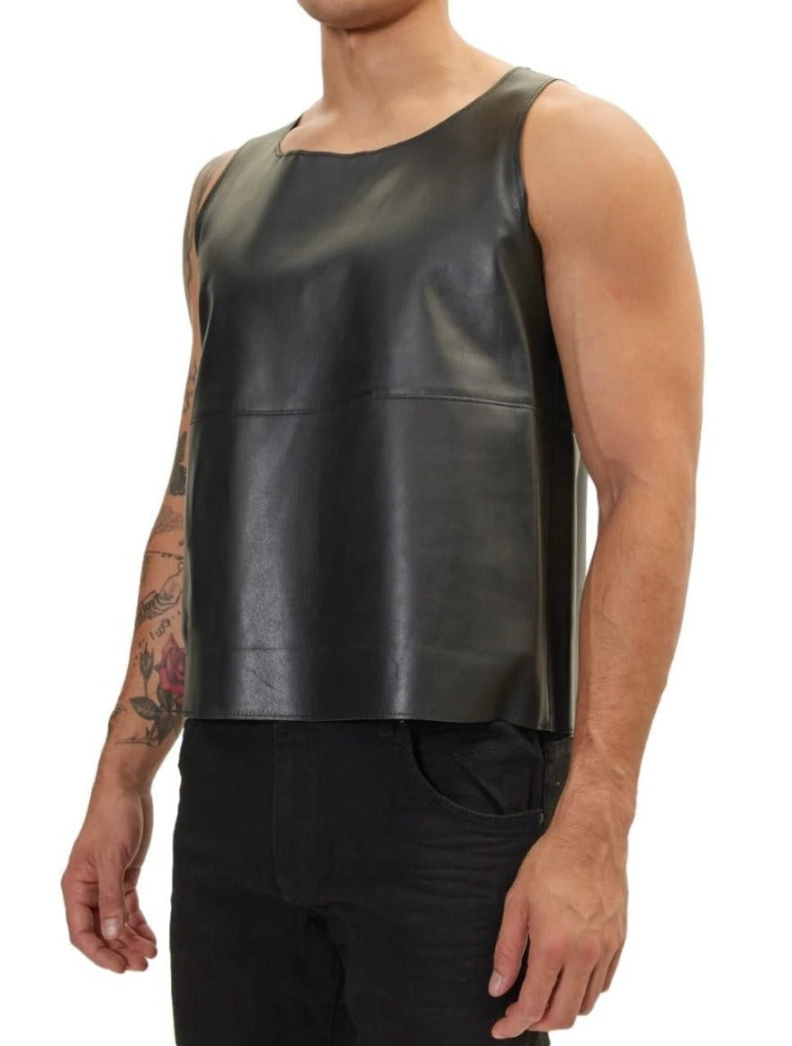 Picture of a model wearing our  Mens Black Leather Tank Top, front view.