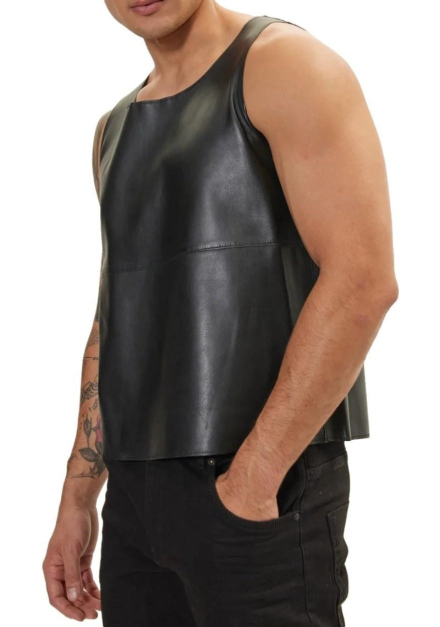 Picture of a model wearing our  Mens Black Leather Tank Top, side view.