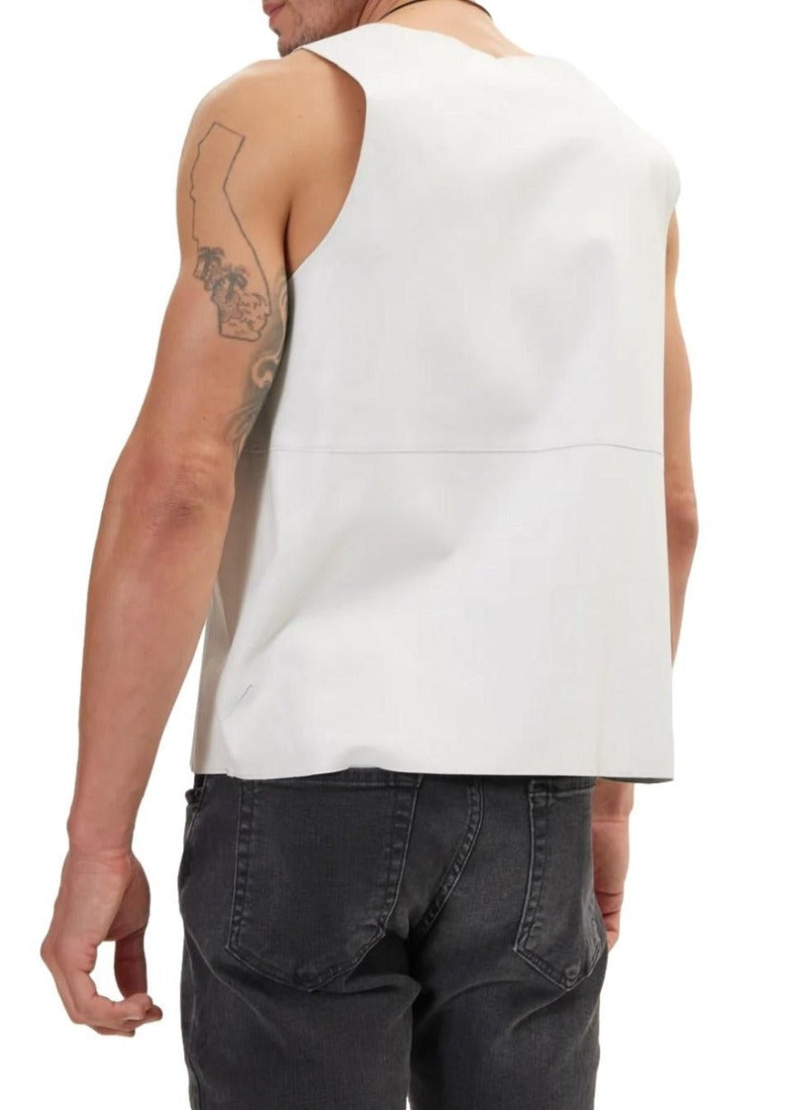 Picture of a model wearing our Mens White Leather tank top, back view.